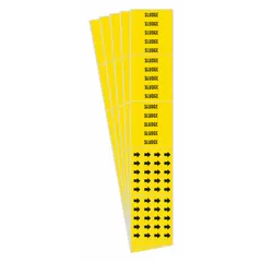 These adhesive pipe markers are used to identify pipes carrying sludge in industrial facilities. Each marker has a yellow background with black legend text reading 'Sludge' and includes directional arrows. The markers fit pipe outer diameters of 3/4 inch and smaller. Sold in packs of 5.