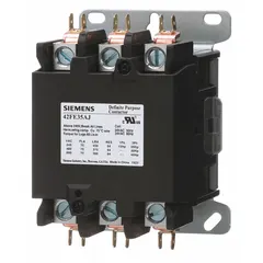 Three-pole non-reversing definite purpose contactor from the Siemens 42 Series. Rated 75 A at 277V AC with a maximum voltage of 600V AC. Coil voltage 240/277V AC. Features 3NO main pole contact form and screw terminals for surface mounting. Used for switching HVACR loads such as compressors, fan motors, and refrigeration units.