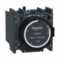 Off-delay timer module for TeSys Deca series contactors and starters. Adjustable 1–30 sec delay with 1NO/1NC contacts. Rated 690V AC. Used in motor control circuits for timed shutdown of conveyors, pumps, and HVAC equipment.