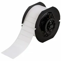 This thermal transfer precut label roll measures 1/2 in x 2 in and contains 2,500 labels with an acrylic, permanent adhesive. It is designed for use with the i5300 printer series. Typical applications include asset tracking, cable marking, and safety labeling in industrial and facility maintenance settings.
