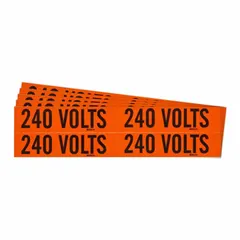 Self-stick vinyl markers with '240 Volts' legend, 4 1/8 in wide by 1 1/8 in tall, Label Style B. Used for identifying 240-volt conduits and electrical equipment to indicate voltage levels.