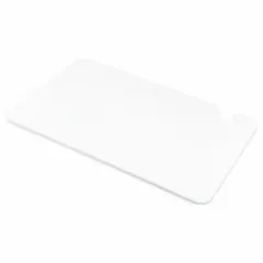 This white co-polymer cutting board measures 12 inches by 18 inches and is NSF certified for sanitation. It is designed for food preparation tasks in commercial kitchens and foodservice operations, where its material resists knife scarring and bacterial growth.