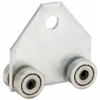 Steel trolley with silver electroplated finish. Thread size 9/16 in, overall dimensions 3 1/2 x 3 1/2 in. Used in overhead material handling systems such as conveyors and monorails to suspend and move loads along a track