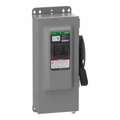 This SCHNEIDER fusible safety switch is rated for 100 A, three-phase operation at 600V AC/DC. Housed in a galvanized steel enclosure for indoor use, it provides a disconnection point for industrial electrical circuits, enabling safe maintenance and emergency shutdown in power distribution and motor control applications.