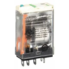 Plug-in relay with square base and flat pins. Coil voltage 12V DC, SPDT contact configuration, 15 A current rating. Five quick-connect terminals. Suitable for switching loads in industrial control panels, automation systems, and machinery.