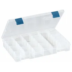 PLANO MOLDING Compartment Box: 11 in x 7 1/4 in x 1 3/4 in, Clear, 21 Compartments, 15 Adj Dividers (MPN 2-3600-01). Key specifications — ESD Conductive: Not Electrostatic Discharge Conductive; Color: Clear; Brand: PLANO MOLDING; Material: Plastic.
