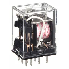 Plug-in relay with square base and flat pins, rated 5 A at 240V AC. Features 3PDT contact configuration and quick-connect terminals. Operating current is 2 A at 220V AC (inductive load). Suitable for switching loads in control panels and automation systems.