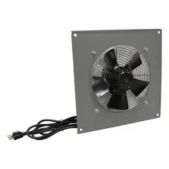 Standard direct-drive panel exhaust fan with a 10-inch galvanized steel blade, powered by a 2/25 hp single-phase motor at 115V AC. Delivers 388 to 500 cfm for general ventilation in industrial and commercial facilities. Features a powder-coated steel frame with intake guards and a totally enclosed air-over motor. Two-speed operation.