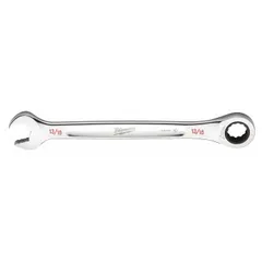Chrome vanadium steel construction with chrome finish. 13/16 in head size. SAE 12-point ratcheting combination wrench for standard industrial fastening applications.