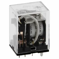 Plug-in relay from the LY Series with a square base and DPDT contact configuration. Operates on 24V DC and features 8 pins/terminals for socket mounting. Suitable for general-purpose switching in industrial control panels and automation systems.