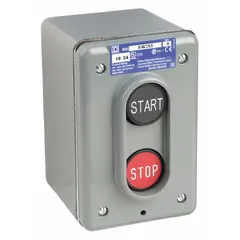 This push-button control station features two black push buttons with Up/Down operator legend and two normally open (2NO) contacts. It is configured as a two-button station with no pilot lights. Typical applications include hoists, conveyors, and material handling systems requiring momentary directional commands.