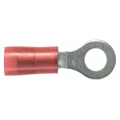 Nylon-insulated ring terminal for terminating 22 AWG to 18 AWG wires to a #8 stud. Rated for 600 V, the insulation provides strain relief and short-circuit protection. Commonly used in control panels, electrical distribution, and machinery wiring for secure, vibration-resistant connections.