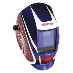 Auto-darkening welding helmet with a nylon shell featuring blue/red/white graphics. Equipped with 4 arc sensors, analog ADF controls, and a 3.74 x 3.34 in viewing area. Welding shade range W5-13 with grind mode. Ratchet suspension adjustment. Suitable for MIG, TIG, and stick welding applications.