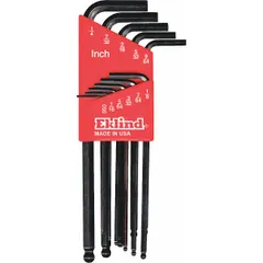 L-shaped hex key set with 11 SAE sizes, each featuring a single ball end for angled access in confined spaces. Black oxide finish. Long-reach design suitable for tightening or loosening hex socket fasteners in maintenance and assembly tasks.