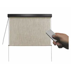 Motorized exterior shade with remote control, 96-inch valence width, Caribbean fabric, and Oil Rubbed Bronze valance. Right-side operation with cable tie-down system. Suitable for patios, decks, or commercial outdoor spaces to block sunlight and reduce heat gain.