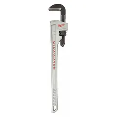This straight pipe wrench from MILWAUKEE features a 36-inch overall length and a 5-inch jaw capacity, providing leverage for gripping and turning pipes, fittings, and round stock. The serrated jaws ensure a secure hold, while the ergonomic design enhances user comfort during extended use. Constructed with an aluminum body for reduced weight, it is suitable for plumbing, mechanical, and industrial maintenance tasks.