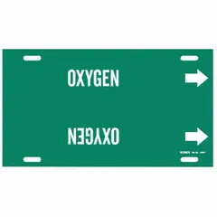 Green pipe marker with white 'Oxygen' legend and directional arrows. Fits pipe outer diameters from 6 to 7-7/8 inches. Used for identifying oxygen lines in industrial piping systems to support safe operation and compliance.