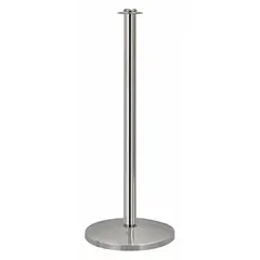 Flat-top rope barrier receiver post with 39-inch height, constructed entirely of polished stainless steel including dome-shaped base. Designed for use in queue management systems to direct pedestrian flow in public spaces such as airports, banks, retail stores, and event venues.