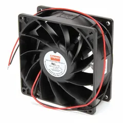 Standard square axial fan for cooling and ventilation in electronic enclosures, control panels, and small equipment. Delivers 92 cfm at 0.000 in SP. Features polybutylene blade, polybutylene terephthalate housing, 24V DC operation, IP20 rating, and lead wire connections.