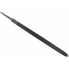 Triangular tapered saw file with a length of 7 inches, width of 5/16 inches, and 56 teeth per inch. Designed for precision filing of saw teeth, sharpening, and deburring in metalworking and woodworking. Its triangular shape allows access to tight corners and grooves for fine finishing tasks.