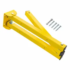 This steel mounting bracket is finished in yellow and includes assembly hardware. It is used for securely mounting industrial equipment, conveyors, or machinery frames in plant or warehouse settings.