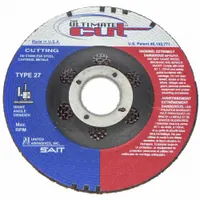 General purpose cut-off wheel for carbon and stainless steel. Type 27 depressed center design with 60 grit aluminum oxide. Measures 4-1/2" diameter, 0.045" thickness, 7/8" arbor hole. Suitable for metal fabrication, maintenance, and repair cutting tasks