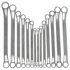 This 14-tool set includes double end box end wrenches in SAE and metric sizes. Each wrench features a 12-point box end with a 15° head offset angle and a satin finish. The set is supplied in a canvas pouch for storage. Suitable for tightening and loosening fasteners in maintenance and repair tasks.