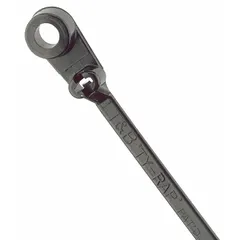 Black nylon screw mount cable tie with a #8 mounting hole for permanent attachment to panels or surfaces. Nominal length 6 in, width 0.15 in, and maximum bundle diameter 1 1/8 in. Suitable for securing wire bundles in electrical enclosures, control cabinets, and industrial equipment. Supplied in a 1,000-piece pack.