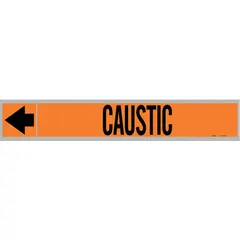 Orange adhesive pipe marker with black 'Caustic' legend and directional arrows. Fits pipe outer diameters of 1-1/2 to 2 inches. Each roll contains 25 markers for identifying pipes carrying caustic substances in industrial piping systems.