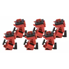 Clamp-on lockout for single-pole circuit breakers rated 480/600V AC. Includes a cable tie slot for securing with standard nylon cable ties. Sold in a pack of 25. Used to isolate breakers during lockout/tagout maintenance procedures.