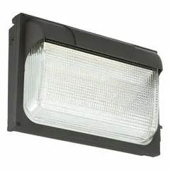 LED full-size wall pack delivering 6,850 lumens at 4000K with Type III distribution. Operates on 120 to 277V AC, consumes 100 W, and measures 9 inches in overall height. Suitable for exterior building perimeter, loading dock, and parking area lighting.