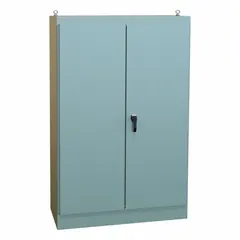 This steel enclosure measures 90 x 48 x 20 inches and is rated NEMA 12 for protection against dust, dirt, and non-corrosive liquids. It features a solid hinged cover secured by latches and does not include knockouts. Suitable for housing electrical controls and instruments in industrial environments.