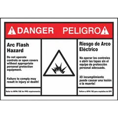 Vinyl adhesive sign with bilingual (English/Spanish) arc flash and shock hazard warning, referencing NFPA 70E. Measures 3 1/2 x 5 in, 0.006 in thick, with adhesive mounting. Not retroreflective or glow-in-the-dark. Applied to electrical panels and equipment to warn personnel of arc flash and shock hazards.