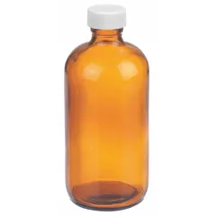 This 250 mL amber narrow mouth round glass lab bottle is made from Type III soda lime glass with a 24-400 mm neck finish. Supplied without a closure, it is suitable for storing light-sensitive chemicals and reagents in laboratory settings, protecting contents from UV degradation.
