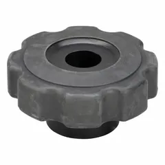 This 8-arm knob features a 1.25 in diameter plastic body with a steel thread insert. The 5/16"-18 threaded through-hole allows for manual adjustment, clamping, or positioning on machinery and equipment. Suitable for applications such as assembly lines, jigs, and fixtures where tool-less operation is desired.