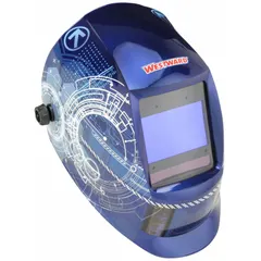 This auto-darkening welding helmet features a nylon shell with blue/white graphics and a digital ADF control. It has four arc sensors, a viewing area of 3.82 x 2.44 inches, and a welding shade range of W5-13. Includes grind mode and a ratchet suspension adjustment for secure fit. Suitable for arc welding, grinding, and cutting applications.
