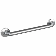 This straight grab bar is 18 inches long with a 1 1/4-inch diameter, made of polished stainless steel with an antimicrobial finish. It provides secure hand support in bathrooms, showers, and healthcare settings to help prevent slips and falls.