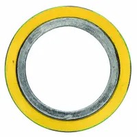 This spiral wound flange gasket is designed for 2 1/2 inch pipe, featuring a graphite filler and a 316L stainless steel winding. It is used to seal pipe flanges in high-temperature and high-pressure industrial applications such as steam systems, refineries, and chemical processing