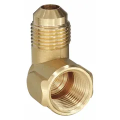 Brass 45-degree flare tube fitting elbow with flared/threaded ends. Connects 3/8 in OD tubing to 1/4 in pipe threads. Manufactured to SAE J513 standards. Supplied in a 10-pack.