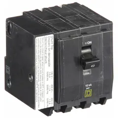 Three-phase plug-in miniature circuit breaker rated 40 A at 120/240V AC with a maximum interrupting rating of 10kA at 120/240V AC. Provides overcurrent protection in electrical distribution systems. For use with QO Load Centers and NQ Panelboards.