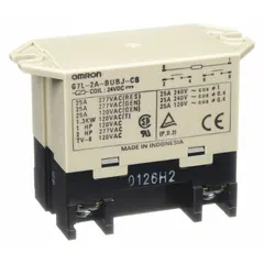 Surface-mounted power relay with top flange mounting, square base, and screw terminals. DPST-NO contact configuration rated for 25 A at 220V AC for both resistive and inductive loads. Operates on 24V DC. Suitable for switching high-current loads in industrial control panels, HVAC systems, and automation equipment.