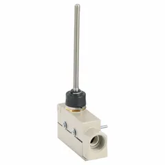 Limit switch with a 4.55-inch aluminum wobble-stick actuator and two mounting holes. Features a metallic housing and screw terminals. Used in industrial automation for position detection of moving machinery parts, such as in conveyors and packaging lines.