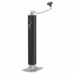 This CURT trailer jack is a topwind, weld-on model with a foot-plate base. It has a static load capacity of 8,000 lb and a maximum lift height of 39-1/2 in. Used for supporting and leveling trailers during loading, unloading, or storage.