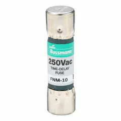 Midget time-delay cylindrical fuse rated 10 A and 250 V AC. Non-indicating design with dimensions 13/32 in x 1 1/2 in. Suitable for protecting control circuits, motor starters, and small transformers from overloads and short circuits.