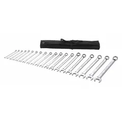 This 20-piece set of metric 6-point combination wrenches covers head sizes from 6 mm to 25 mm. Each wrench features a chrome finish for corrosion resistance. The set is suitable for tightening and loosening fasteners in general maintenance and assembly tasks.