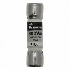 BUSSMANN KTK-3 is a midget, fast-acting, non-indicating cylindrical fuse rated at 3 A and 600 V AC. Dimensions are 13/32 in x 1 1/2 in. It provides overcurrent protection in control panels, motor starters, and lighting systems.