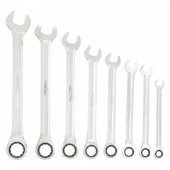 This 8-piece wrench set includes SAE 12-point ratcheting combination wrenches with a chrome finish. The range of head sizes is 5/16 in to 3/4 in. Suitable for tightening and loosening fasteners in maintenance and assembly tasks.