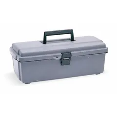 This gray plastic tool box features a hinged lid and a single compartment for storing and carrying hand tools, small parts, or supplies. Its compact size suits use in workshops, job sites, or home garages. The box measures 14 1/2 inches wide, 7 1/2 inches deep, and 5 1/4 inches high.