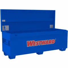 This chest-style jobsite box provides 24 cubic feet of storage capacity for securing tools and equipment on construction sites. It measures 72 inches wide by 24 7/16 inches deep by 27 13/16 inches high and features a recessed padlock hasp (lock not included) for added security. The blue finish offers weather resistance for outdoor use.
