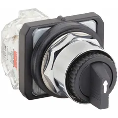 This 30 mm panel-mounting selector switch features a long-handled knob and metallic bezel. It offers three positions (On-Off-On) with a momentary/maintained/momentary action and Cam C configuration. Rated 10 A at 600 V AC and 0.27 A at 250 V DC, the non-illuminated plastic operator head is suitable for industrial control panels, machinery, and process equipment requiring a maintained or momentary selection.